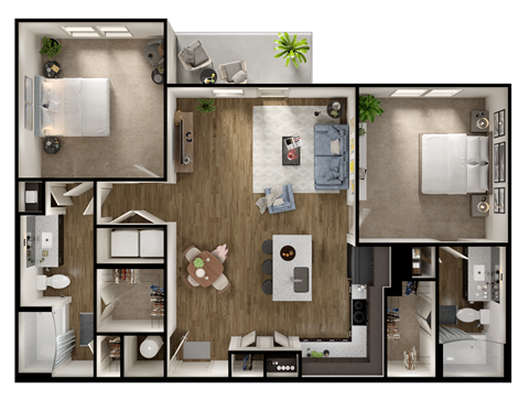 Floor plan for 2 beds, 2 baths, 1117 sqft